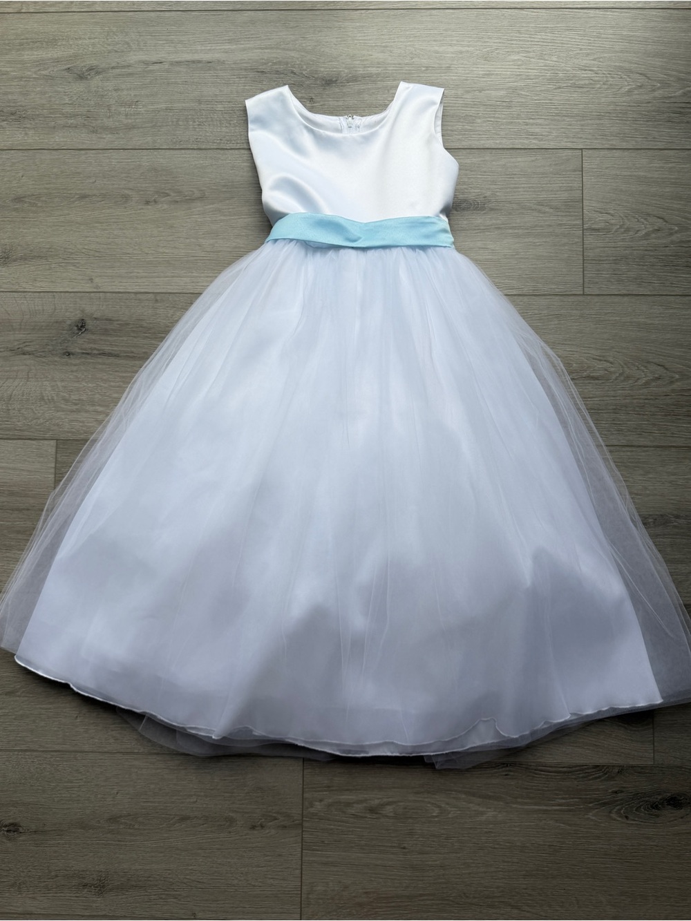 White Flower Girl Tulle and Satin Dress with Light Blue Sash/ Bow